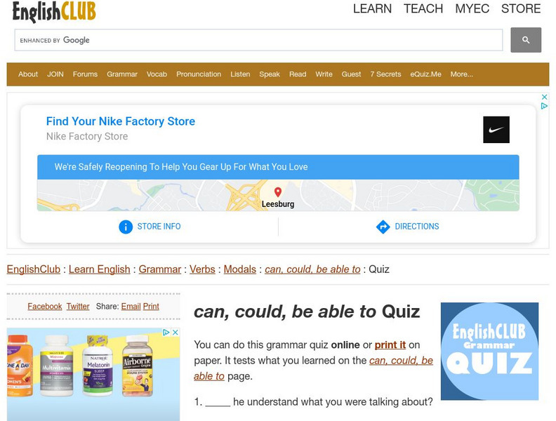 English Club: Learn English: Grammar: Verbs: Modals: Can/could/able Quiz Unknown Type English Club: Learn English: Grammar: Verbs: Modals: Can/could/able Quiz Unknown Type