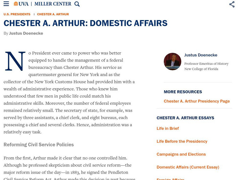 Miller Center at Uva: u.s. Presidents: Chester Alan Arthur: Domestic Affairs Website Miller Center at Uva: u.s. Presidents: Chester Alan Arthur: Domestic Affairs Website