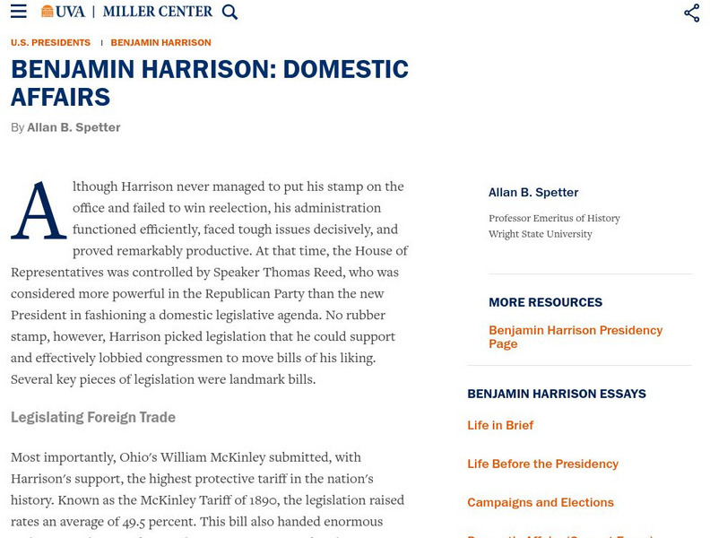 Miller Center at Uva: u.s. Presidents: Benjamin Harrison: Domestic Affairs Website Miller Center at Uva: u.s. Presidents: Benjamin Harrison: Domestic Affairs Website