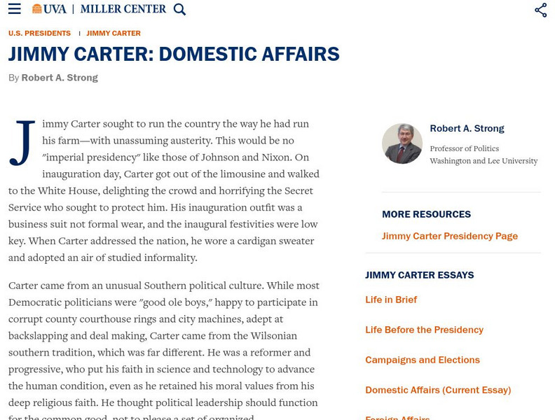 Miller Center at Uva: u.s. Presidents: Jimmy Carter: Domestic Affairs Website Miller Center at Uva: u.s. Presidents: Jimmy Carter: Domestic Affairs Website