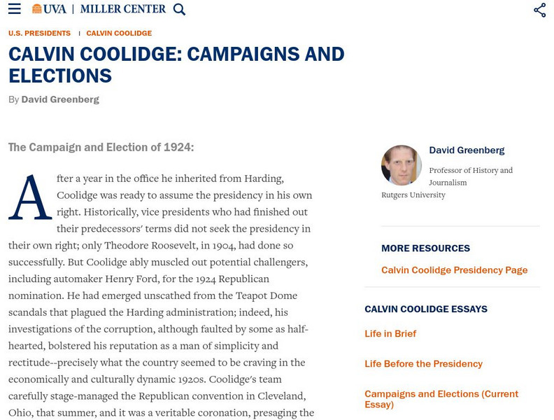 Miller Center at Uva: u.s. Presidents: Calvin Coolidge: Campaigns and Elections Website Miller Center at Uva: u.s. Presidents: Calvin Coolidge: Campaigns and Elections Website