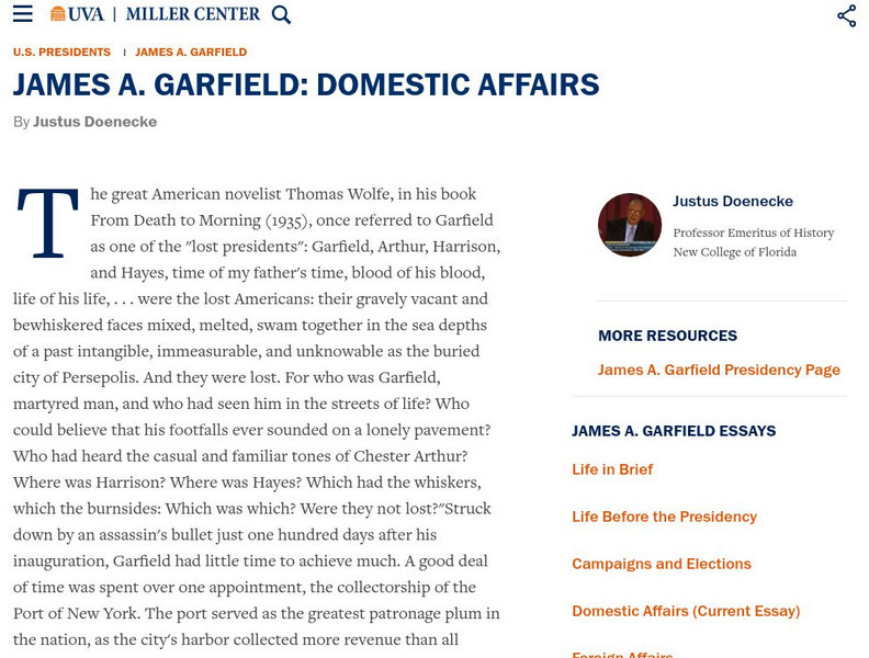 Miller Center at Uva: u.s. Presidents: James Abram Garfield: Domestic Affairs Website Miller Center at Uva: u.s. Presidents: James Abram Garfield: Domestic Affairs Website