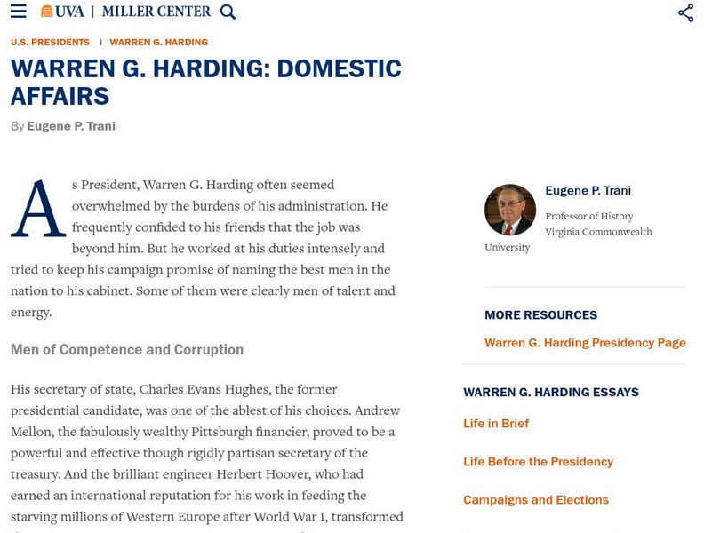 Miller Center at Uva: u.s. Presidents: Warren G. Harding: Domestic Affairs Article Miller Center at Uva: u.s. Presidents: Warren G. Harding: Domestic Affairs Article
