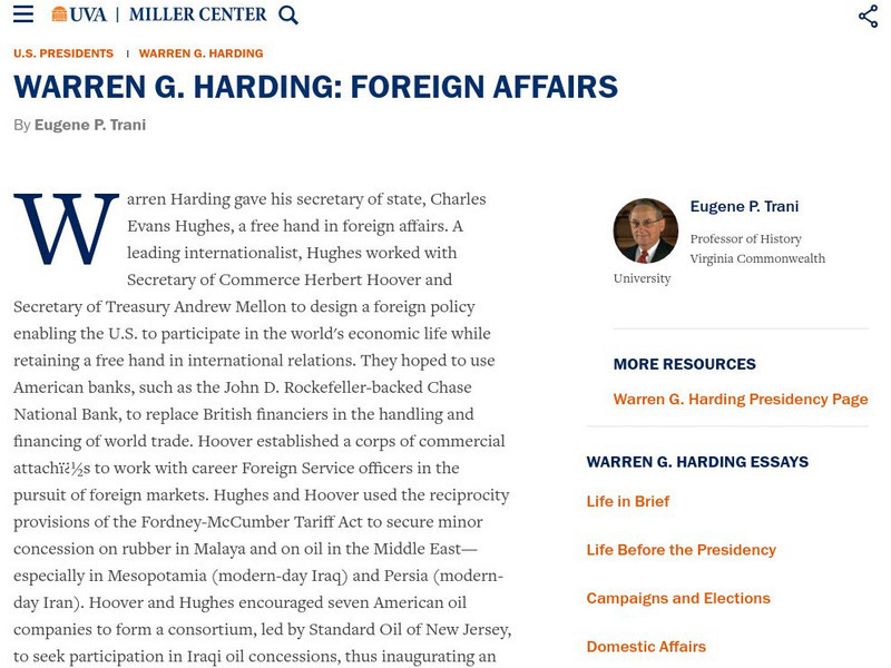 Miller Center at Uva: u.s. Presidents: Warren G. Harding: Foreign Affairs Website Miller Center at Uva: u.s. Presidents: Warren G. Harding: Foreign Affairs Website