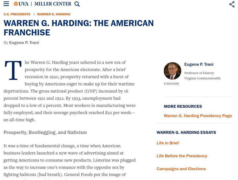 Miller Center at Uva: u.s. Presidents: Warren G. Harding: American Franchise Website Miller Center at Uva: u.s. Presidents: Warren G. Harding: American Franchise Website