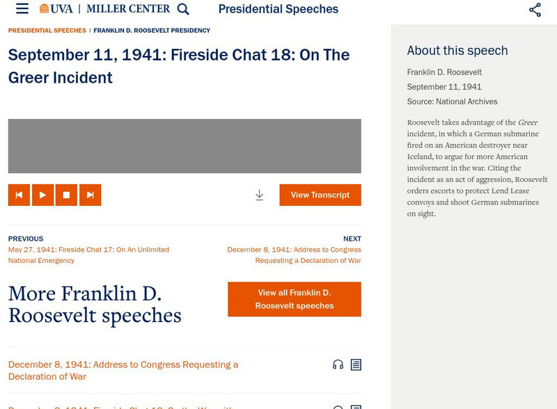 Miller Center at Uva: u.s. Presidents: Fireside Chat 18: On the Greer Incident Website Miller Center at Uva: u.s. Presidents: Fireside Chat 18: On the Greer Incident Website