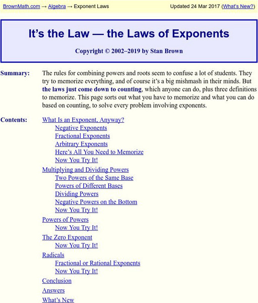 Brown Math: It's the Law the Laws of Exponents Handout Brown Math: It's the Law the Laws of Exponents Handout