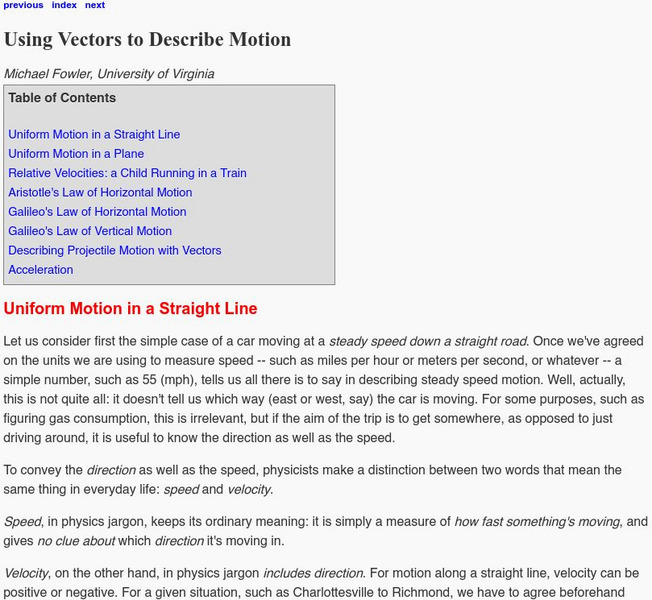 Uva Physics: Using Vectors to Describe Motion Website
