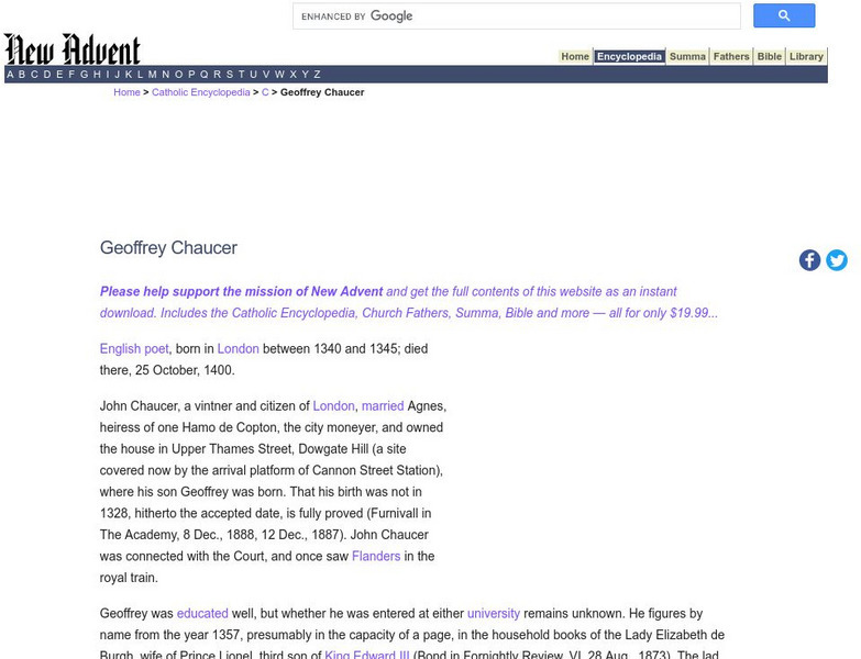 Catholic Encyclopedia: Geoffrey Chaucer Handout Catholic Encyclopedia: Geoffrey Chaucer Handout