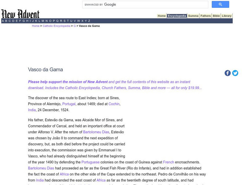 Catholic Encyclopedia: Vasco Da Gama Handout Catholic Encyclopedia: Vasco Da Gama Handout