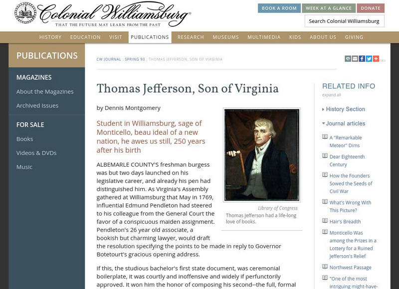 Colonial Williamsburg: Thomas Jefferson, Son of Virginia Website Colonial Williamsburg: Thomas Jefferson, Son of Virginia Website