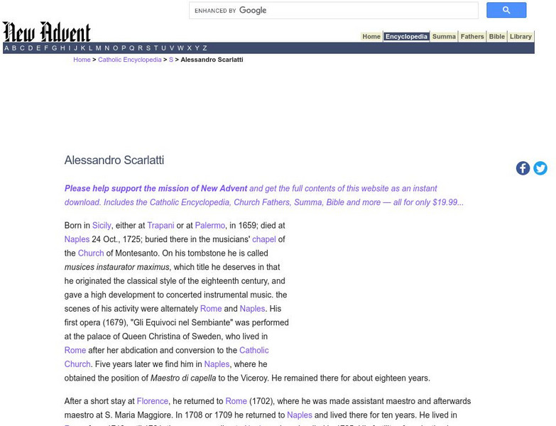 Catholic Encyclopedia: Alessandro Scarlatti (1660 1725) Handout Catholic Encyclopedia: Alessandro Scarlatti (1660 1725) Handout