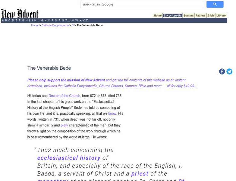 Catholic Encyclopedia: The Venerable Bede Handout Catholic Encyclopedia: The Venerable Bede Handout