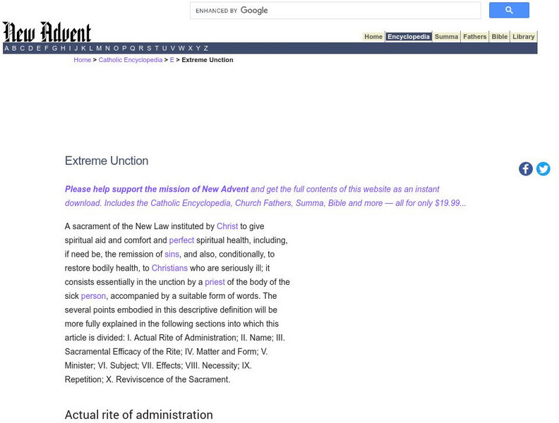 Catholic Encyclopedia: Extreme Unction Handout Catholic Encyclopedia: Extreme Unction Handout