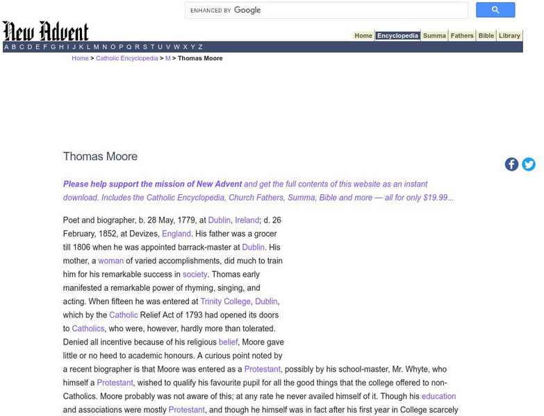 Catholic Encyclopedia: Thomas Moore Handout Catholic Encyclopedia: Thomas Moore Handout