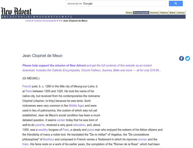 Catholic Encyclopedia: Jean Clopinel De Meun Handout Catholic Encyclopedia: Jean Clopinel De Meun Handout