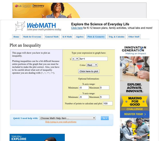 Discovery Education: Web Math: Plot/graph an Inequality Graphic Discovery Education: Web Math: Plot/graph an Inequality Graphic