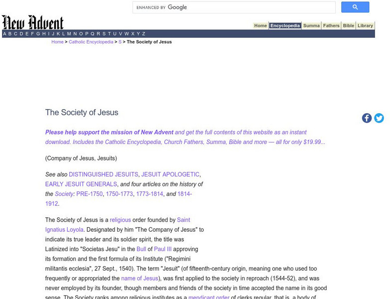 Catholic Encyclopedia: The Society of Jesus Handout Catholic Encyclopedia: The Society of Jesus Handout
