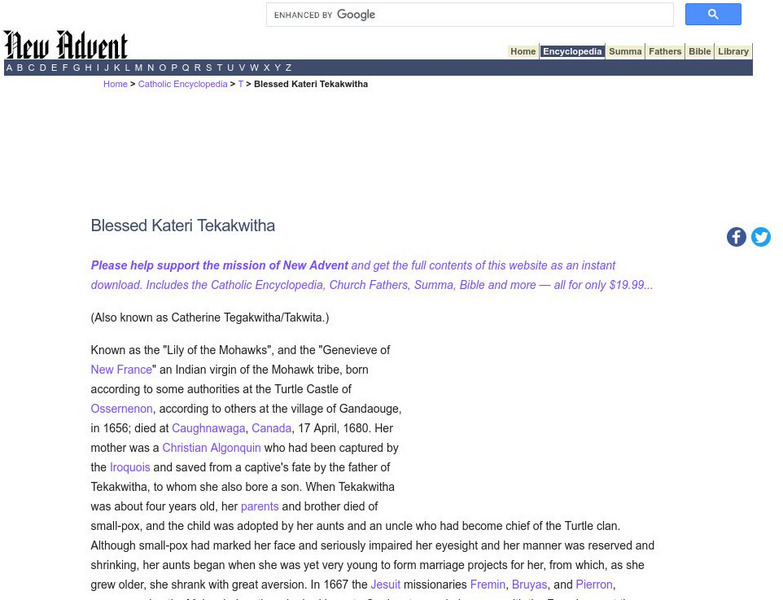 Catholic Encyclopedia: Blessed Kateri Tekakwitha Handout Catholic Encyclopedia: Blessed Kateri Tekakwitha Handout