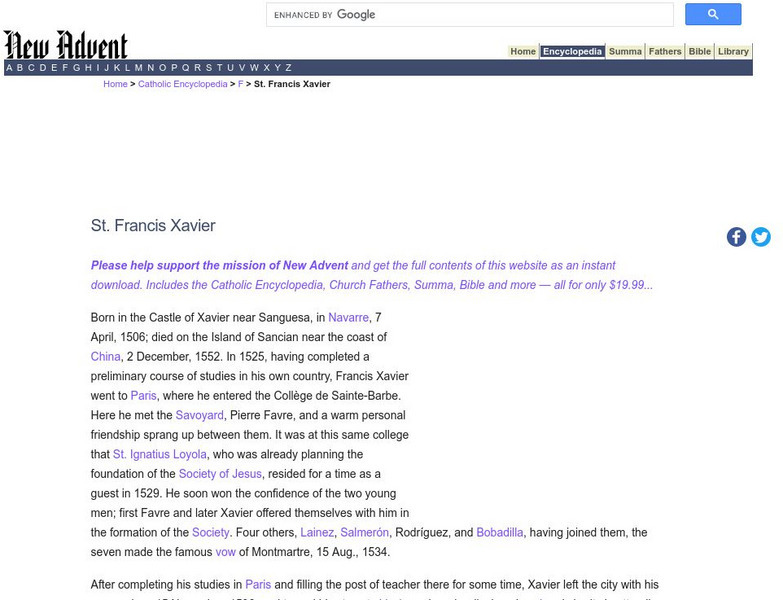 Catholic Encyclopedia: St. Francis Xavier Handout Catholic Encyclopedia: St. Francis Xavier Handout