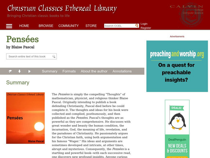 Uwm Libraries:text of Pascal's "Pensees" Primary Uwm Libraries:text of Pascal's "Pensees" Primary