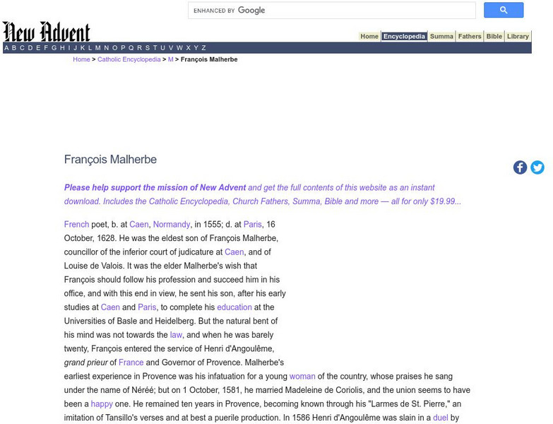 Catholic Encyclopedia: Francois Malherbe (1555 1628) Handout Catholic Encyclopedia: Francois Malherbe (1555 1628) Handout