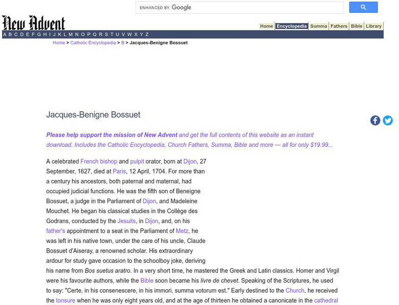 Catholic Encyclopedia: Jacques Benigne Bossuet Handout Catholic Encyclopedia: Jacques Benigne Bossuet Handout
