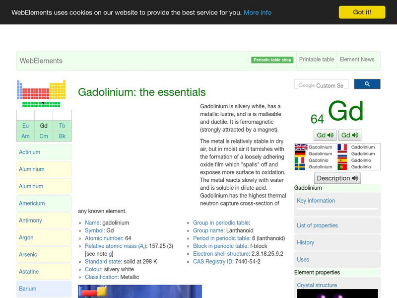 Web Elements Periodic Table: Gadolinium Handout Web Elements Periodic Table: Gadolinium Handout
