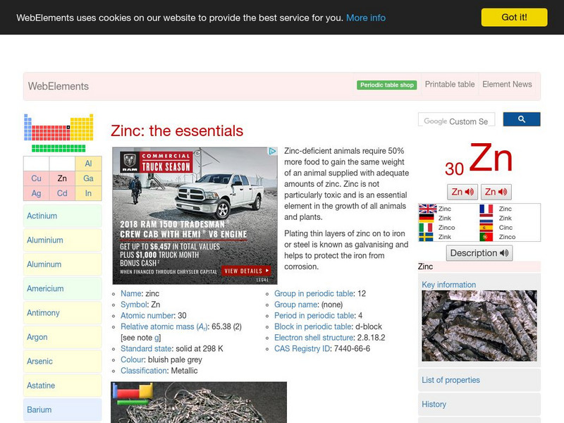 Web Elements Periodic Table: Zinc Handout Web Elements Periodic Table: Zinc Handout