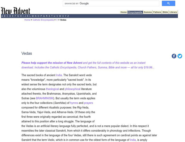 Catholic Encyclopedia: Vedas Handout Catholic Encyclopedia: Vedas Handout