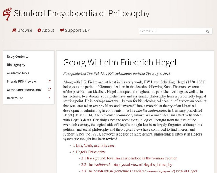 Stanford Encyclopedia of Philosophy: Georg Hegel Handout Stanford Encyclopedia of Philosophy: Georg Hegel Handout