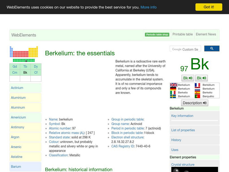 Web Elements Periodic Table: Berkelium Handout