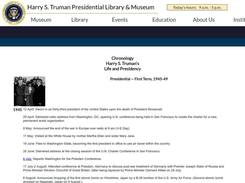 Harry S. Truman Library & Museum: Chronology: First Term 1945 1949 Handout Harry S. Truman Library & Museum: Chronology: First Term 1945 1949 Handout