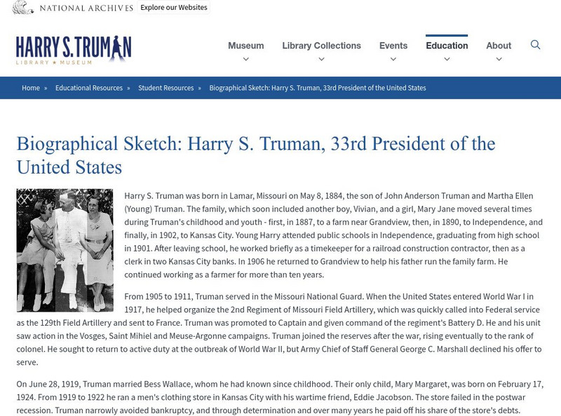 Harry S. Truman Library & Museum: Truman Biography Handout Harry S. Truman Library & Museum: Truman Biography Handout