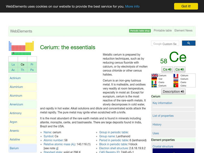 Web Elements Periodic Table: Cerium Handout Web Elements Periodic Table: Cerium Handout