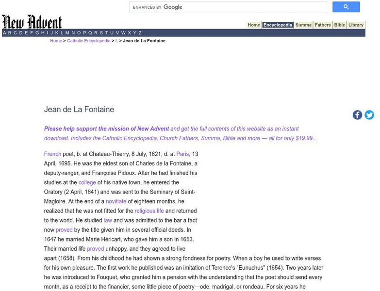 Catholic Encyclopedia: Jean De La Fontaine Handout Catholic Encyclopedia: Jean De La Fontaine Handout
