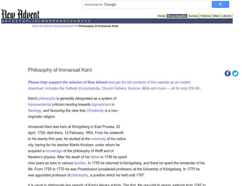 Catholic Encyclopedia: Philosophy of Immanuel Kant Handout