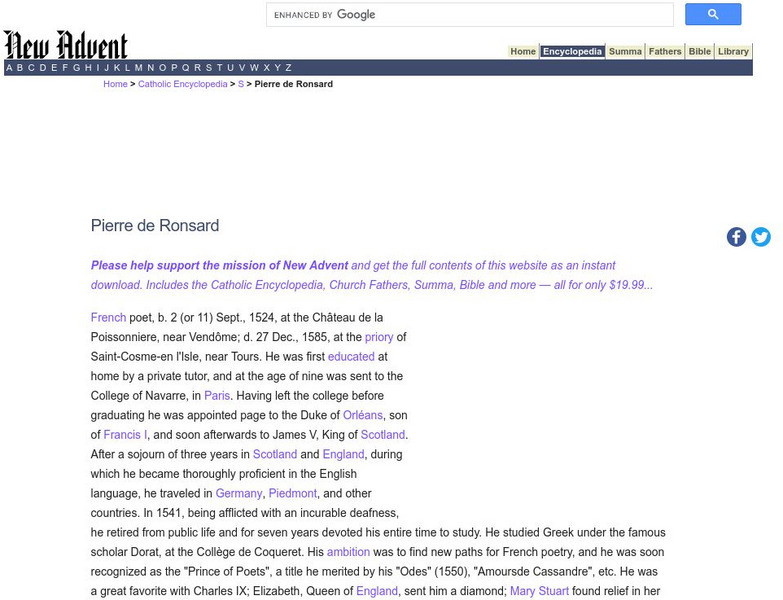 Catholic Encyclopedia: Ronsard Biography Handout Catholic Encyclopedia: Ronsard Biography Handout