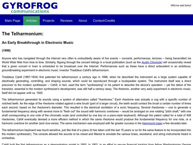 Gyrofrog Communications: The Telharmonium Article Gyrofrog Communications: The Telharmonium Article