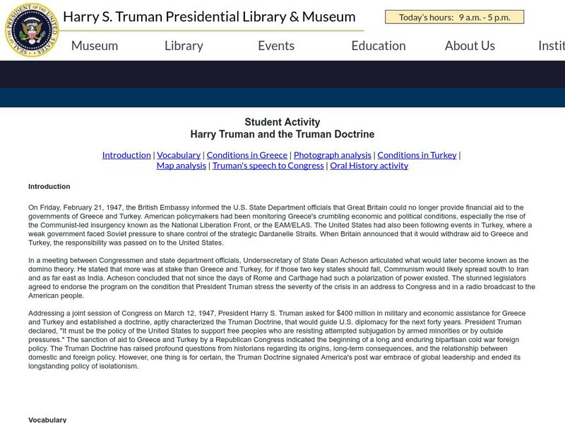 Student Activity: Harry Truman and the Truman Doctrine Lesson Plan Student Activity: Harry Truman and the Truman Doctrine Lesson Plan