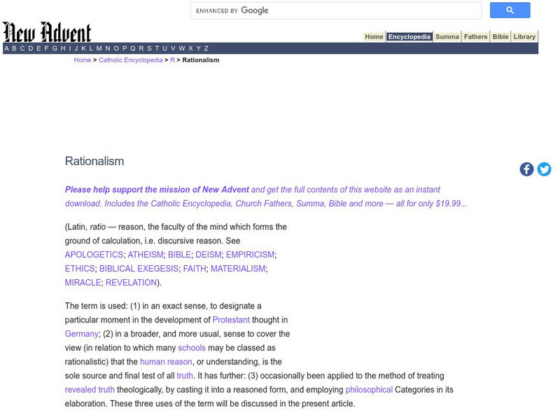 Catholic Encyclopedia: Rationalism Handout Catholic Encyclopedia: Rationalism Handout