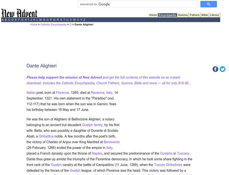 Catholic Encyclopedia: Dante Biography Handout Catholic Encyclopedia: Dante Biography Handout