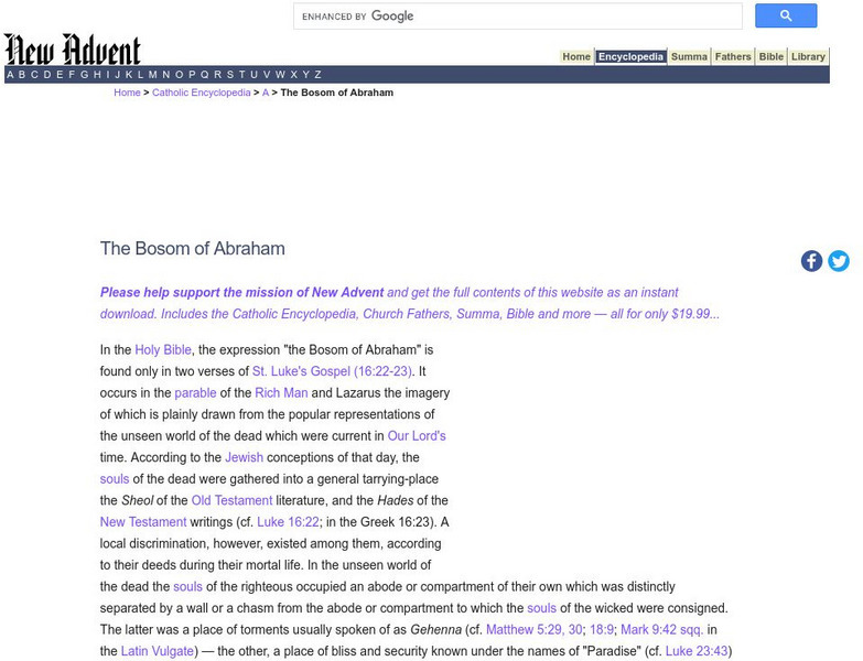 Catholic Encyclopedia: The Bosom of Abraham Handout