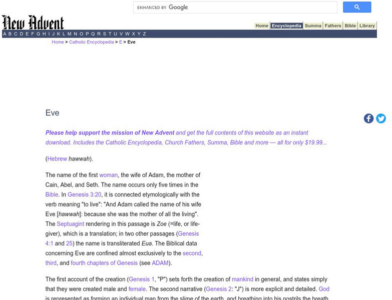 Catholic Encyclopedia: Eve Handout Catholic Encyclopedia: Eve Handout