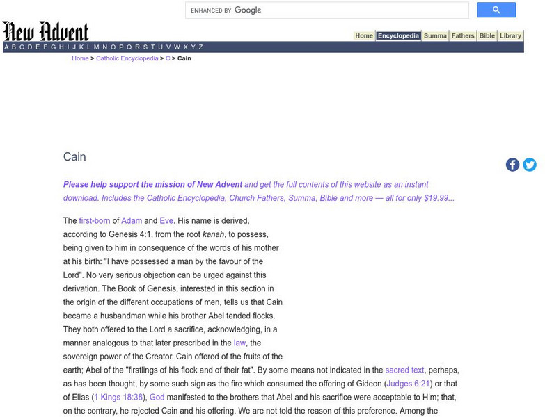 Catholic Encyclopedia: Cain Handout Catholic Encyclopedia: Cain Handout