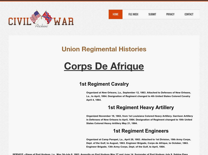 Union Regimental Histories: Corps De Afrique and the Civil War Handout Union Regimental Histories: Corps De Afrique and the Civil War Handout