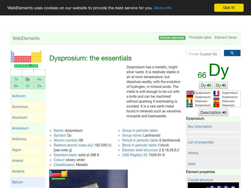 Web Elements Periodic Table: Dysprosium Handout