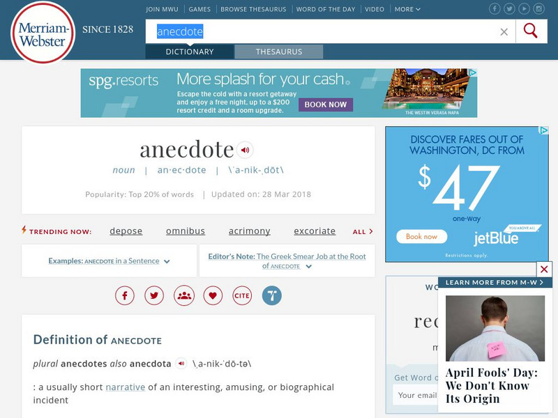 Merriam Webster: Anecdote/definition Handout Merriam Webster: Anecdote/definition Handout
