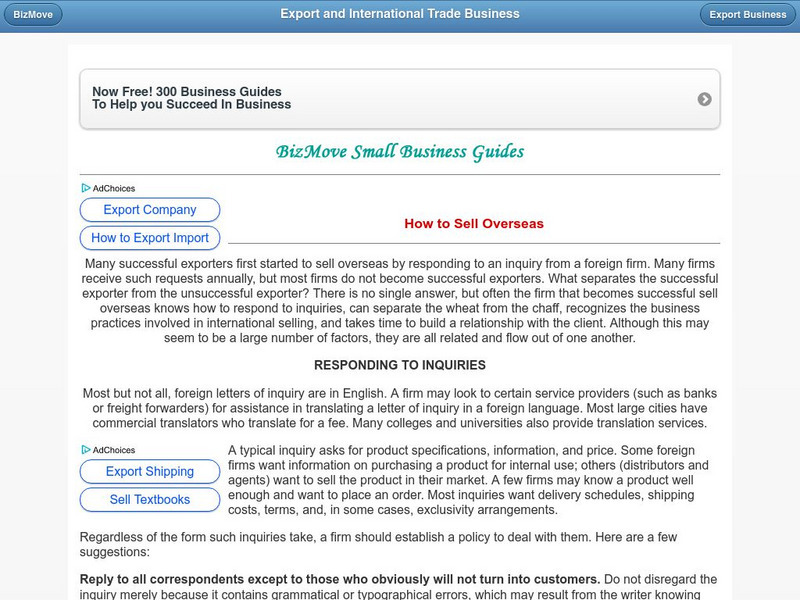 Biz Move: Managing a Small Business: How to Sell Overseas Article Biz Move: Managing a Small Business: How to Sell Overseas Article