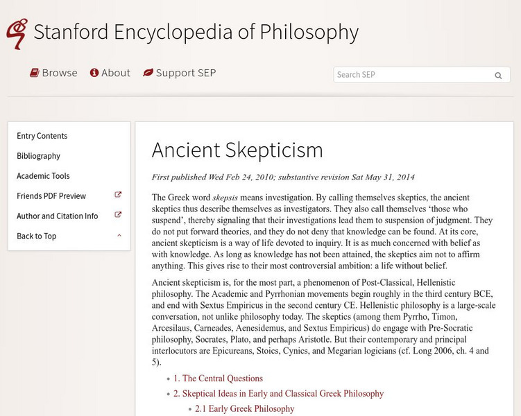 Ancient Skepticism/stanford Encyclopedia of Philosophy Handout Ancient Skepticism/stanford Encyclopedia of Philosophy Handout